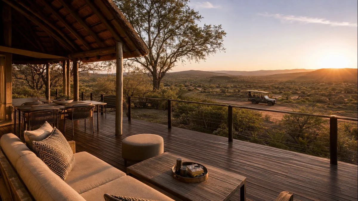 Traveller arriving at an African eco-lodge by safari vehicle