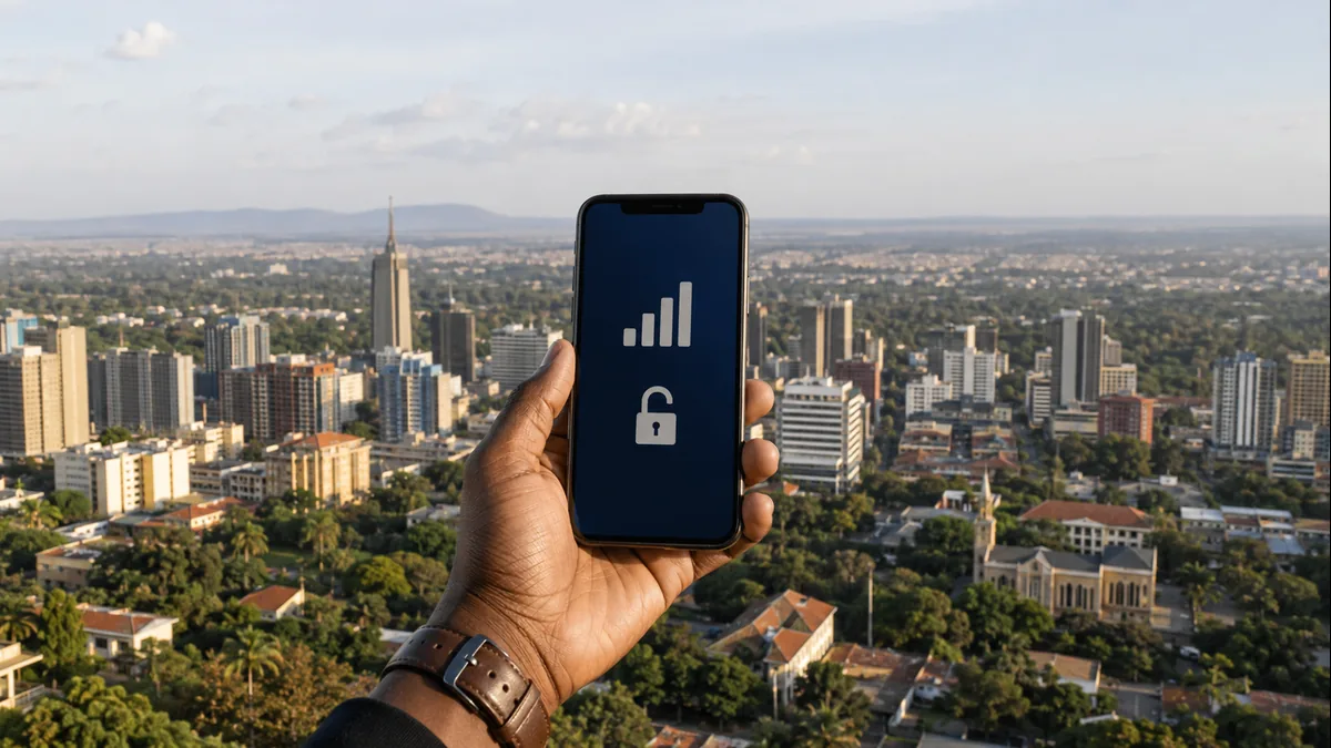 Traveller checking mobile coverage from an African city