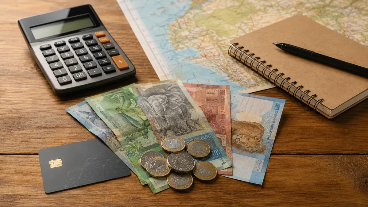 Travel budget with generic currency, payment card and notebook