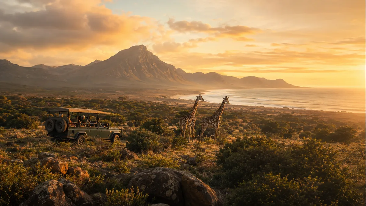 Panoramic African safari and mountain travel landscape