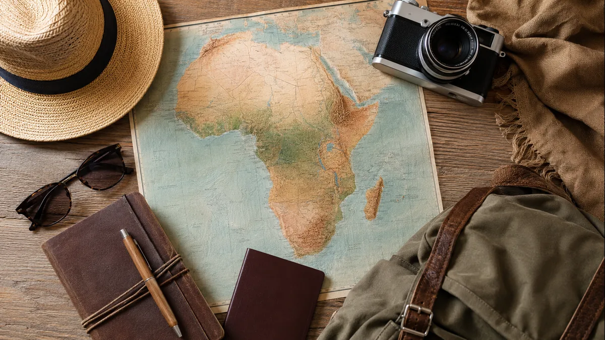 Map, notebook and travel essentials for planning an Africa trip