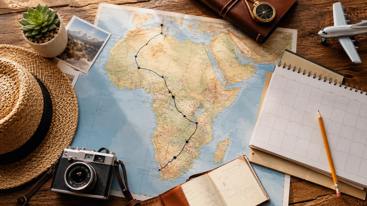 Africa itinerary map with notebook and route planning