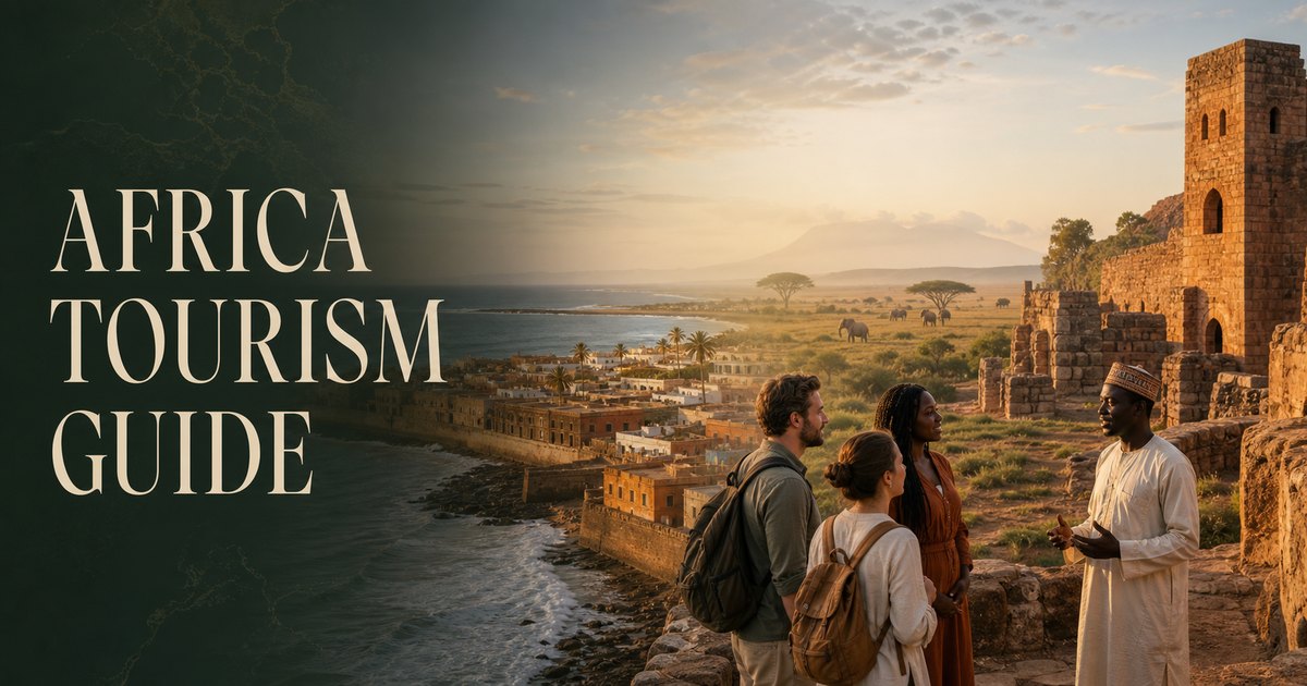 Travelers learning from a local guide beside African cultural and natural landscapes